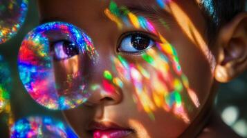 Close-up of a child looking through kaleidoscope with colorful reflections creating mesmerizing light patterns photo