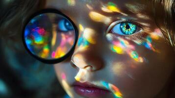 Close up child looking through kaleidoscope with colorful reflections creating mesmerizing light patterns photo