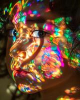 Close up a child looking through kaleidoscope with colorful reflections creating mesmerizing light patterns photo