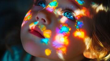 Close up of child looking through a kaleidoscope with colorful reflections creating mesmerizing light patterns photo