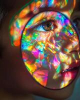 Close up of a child looking through kaleidoscope with colorful reflections creating mesmerizing light pattern photo