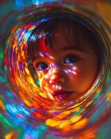 Close up of child looking through kaleidoscope with colorful reflections creating mesmerizing light pattern photo