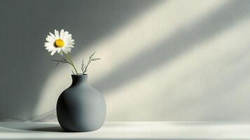 a Delicate chamomile stem in a matte ceramic vase illuminated by soft natural light in a serene minimalist setup photo