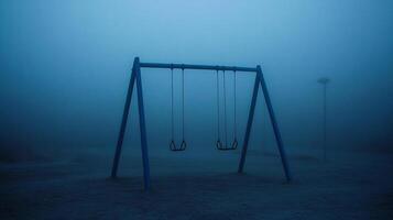 Atmospheric photography of foggy deserted playground with empty swings in a mysterious misty setting photo