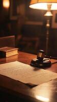 a Lawyers gavel on legal documents under warm lamplight in a traditional office setting symbolizing justice photo