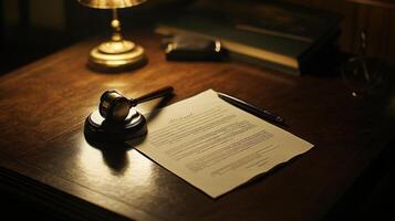 Lawyers gavel on legal documents under warm lamplight in a traditional office setting symbolizing justice horizontal photo