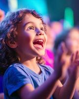 child cheering enthusiastically at a vibrant event with rainbow-colored lighting and energetic atmosphere photo