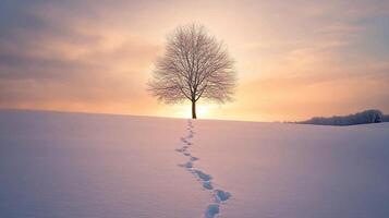 A solitary tree stands majestically in the middle of a snow covered field during a tranquil winter sunrise. photo