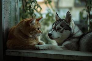 Tabby cat and Siberian husky sharing calm moment on a windowsill with natural light and greenery photo