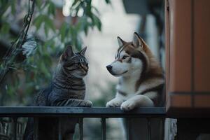 Tabby cat and Siberian husky sharing a calm moment on a windowsill by natural light and greenery photo