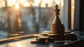 Chess king piece placed on stack of coins with blurred window light background photo