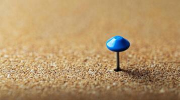 Single blue pushpin inserted into textured corkboard warm natural lighting photo