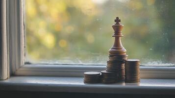 Chess king piece placed on stack of coins with blurry window light background photo