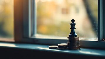 Chess king piece placed on stacked coin with blurred window light background photo