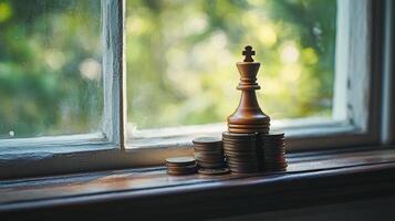 Chess king piece placed on top of stacked coins with blurred window light background photo