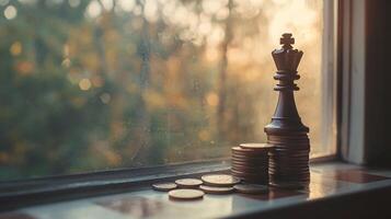 Chess king piece placed on top of stacked coin with blurred window light background photo