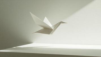 Minimalist origami paper bird gracefully illuminated by soft sunlight in an abstract art inspired setting photo
