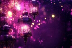 Vibrant purple background featuring intricate decorative lanterns illuminated with bright bokeh lights with copy space photo