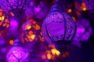 Vibrant purple background featuring intricate decorative lanterns illuminated with bright bokeh lights photo