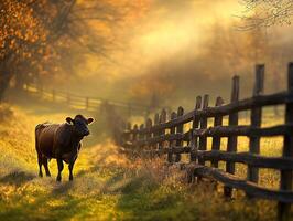 Rustic farm scene with a single cow standing near a wooden fence in soft morning light photo