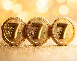 Triple golden coins with number seven highlighted on a shimmering golden background for luck and prosperity photo