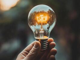 Glowing lightbulb held in hand with intricate golden light trails representing ideas innovation and creativity blurry background photo
