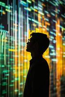 a Business professional silhouette colorful technological data display background symbolizing innovation photo
