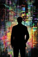 Business professional silhouette colorful technological data display background symbolizing innovation photo