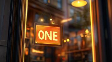 High quality close-up of a glowing orange sign with ONE displayed in a cozy shop window photo