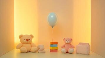 Soft pastel setup of plush toy and colorful blocks in a cozy nursery with gentle sunlight through curtains photo
