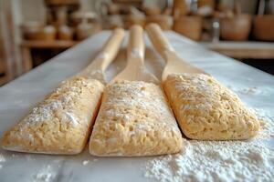Rustic Baking Scene with Wooden Spatulas and Flour-Dusted Dough on Marble Surface photo