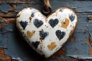 Rustic Painted Heart with Multicolored Pattern on Weathered Wooden Surface photo