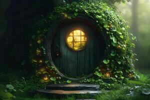 Enchanted Forest Doorway with Lanterns and Glowing Light Fantasy Scene photo