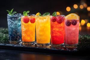 Colorful Holiday Cocktail Selection with Bokeh Lights for Festive Celebrations photo