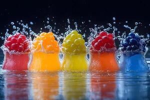 Vibrant Splash of Colorful Gelatin Desserts in a Dynamic Water Display for Food Photography photo