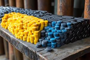 Industrial Stock of Metal Seals and Spacer Components on Timber Shelf photo
