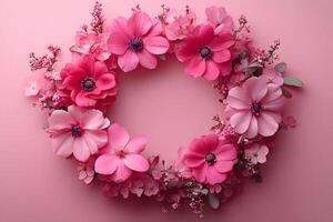 Pink Floral Wreath on Pastel Background for Spring Decor and Design photo