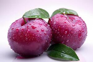 Fresh Dewy Red Apples with Leaves Close-Up for Food Photography and Print Design photo
