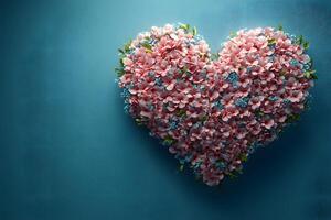 Heart-Shaped Floral Arrangement on Blue Background for Romantic Decor photo