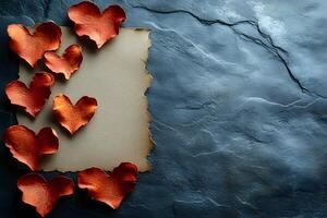 Romantic Autumn-Themed Background with Red Heart Petals on Stone Texture for Greeting Cards photo