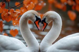 Autumn Romance Two Swans Forming a Heart Shape Amidst Vibrant Fall Foliage photo