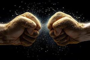 Dynamic Clash of Fists Covered in Sand with Explosive Energy photo