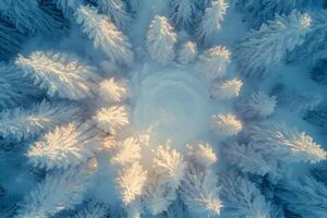 Aerial View of Frosted Winter Forest with Soft Sunlight Illumination photo
