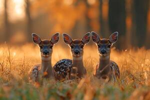 Autumn Wildlife Trio Three Fawns in Golden Hour Forest Scene photo