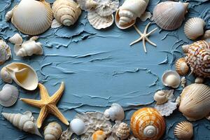 Seashell Frame on Textured Blue Background for Coastal Decor and Design photo