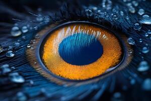Detailed Macro of a Peacock Feather Eye with Dewdrops for Nature Textures photo