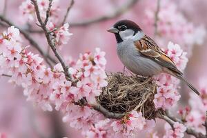 Sparrow in Cherry Blossom Tree with Nest Springtime Nature and Wildlife Photography photo