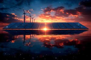 Renewable Energy Concept with Solar Panels and Wind Turbines at Sunset for Sustainable Design photo