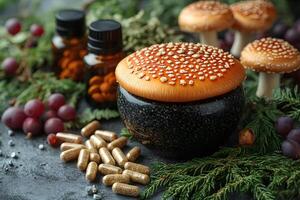 Mushroom Herbal Medicine and Natural Supplements in a Forest Setting photo