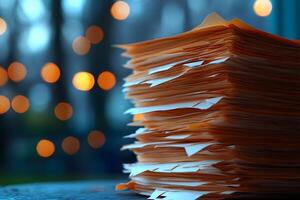 Stack of Documents Against Blurred Lights - Office Organization and Productivity Concept photo